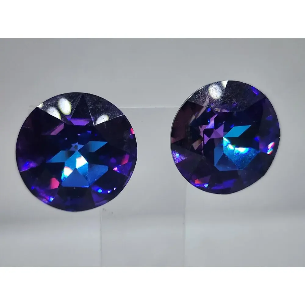 Vintage Swarovski Big Earrings Heliotrope Vitrail Purple Blue Iridescent Giant